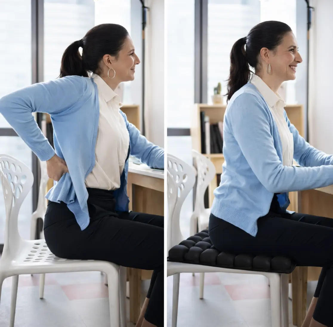 Sitting with back pain before ErgoRestore versus comfortable posture after